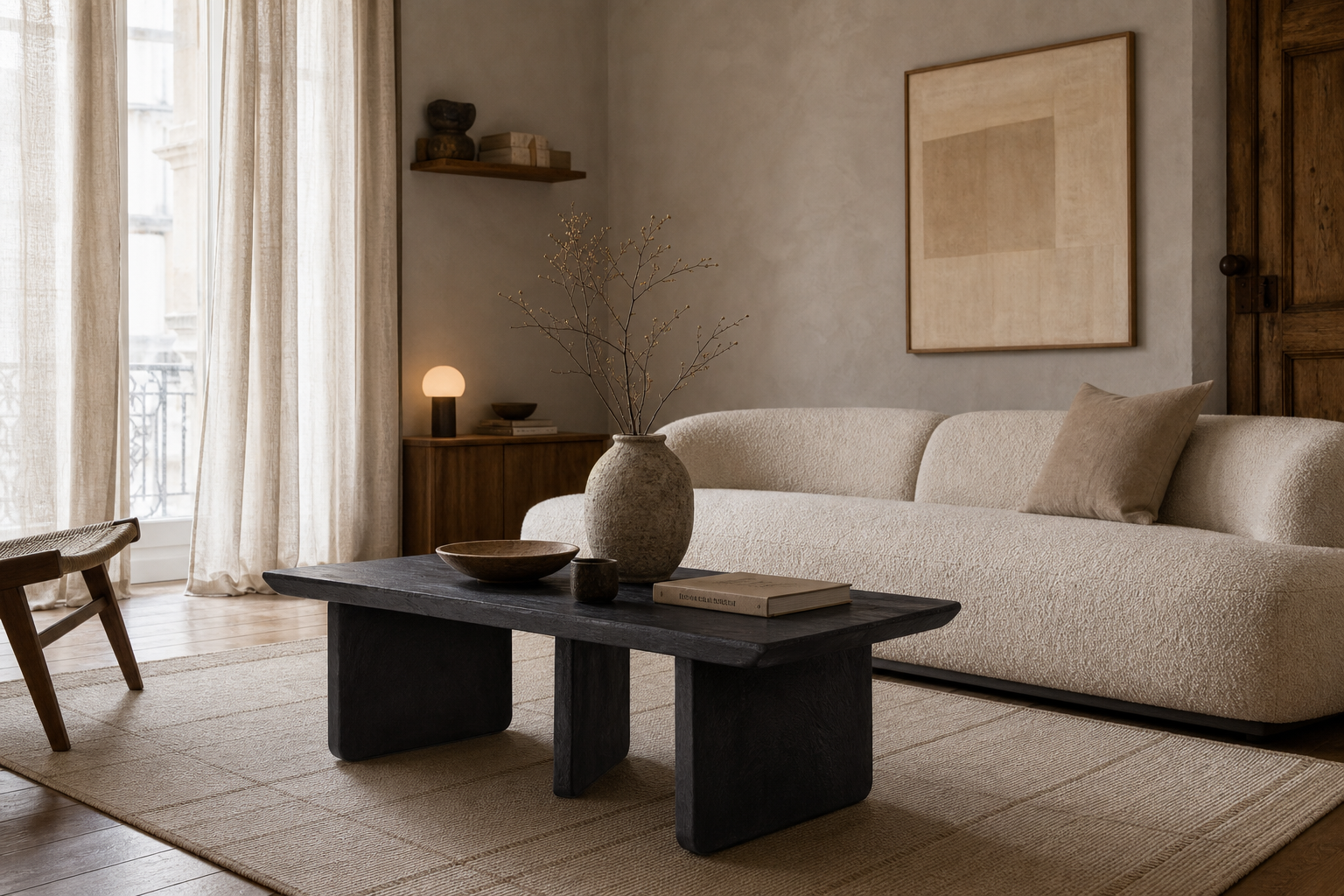 The Obsidian black mango-wood coffee table in a warm natural living room